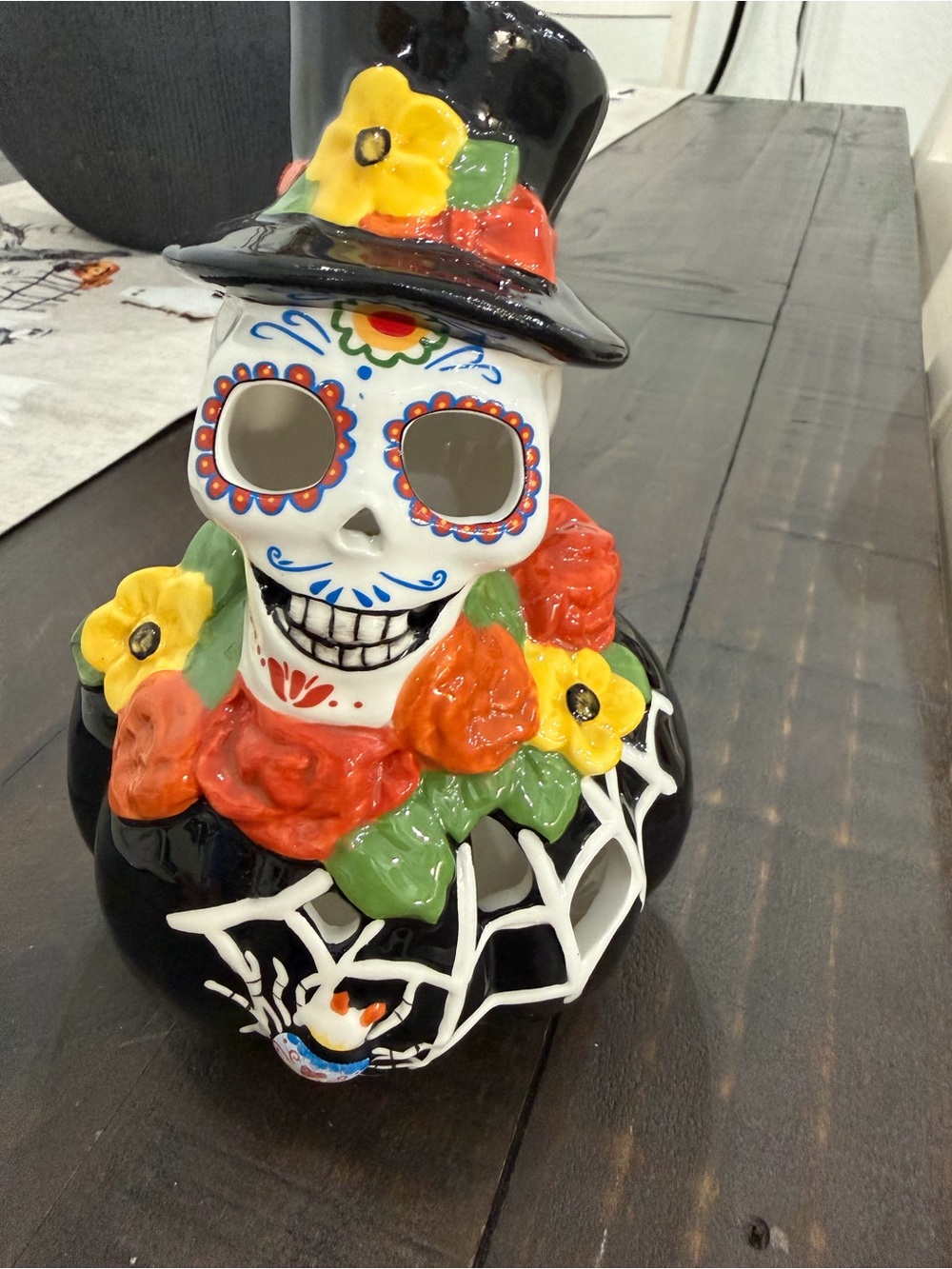 Blue Sky Black Day of the Dead Ceramic Skull with Multicolor Floral Accents